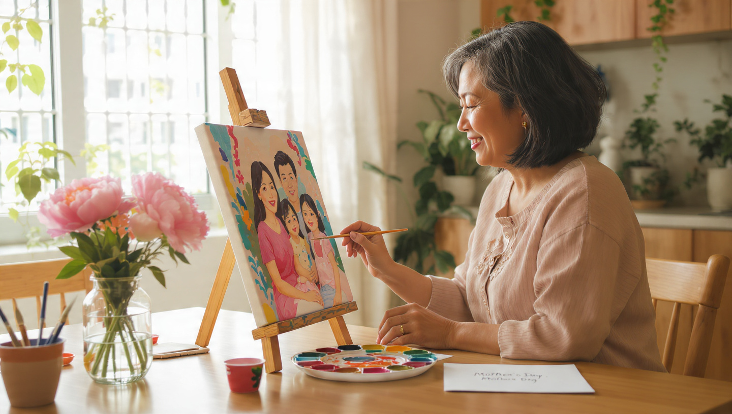 A mother smiling while painting a colorful family portrait on a tabletop easel