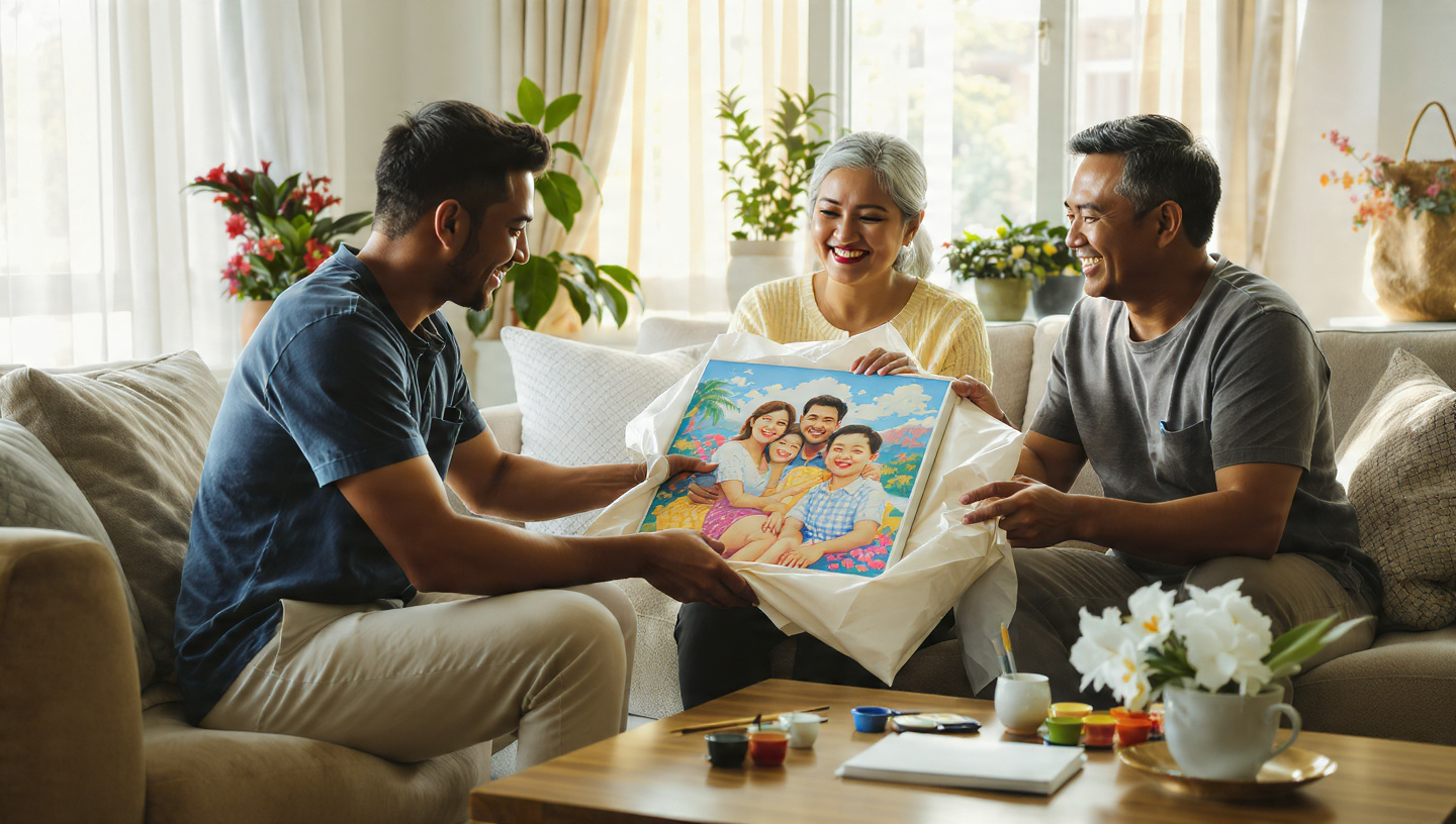 A family on a sofa unwrapping a gifted custom paint-by-numbers canvas featuring a family portrait